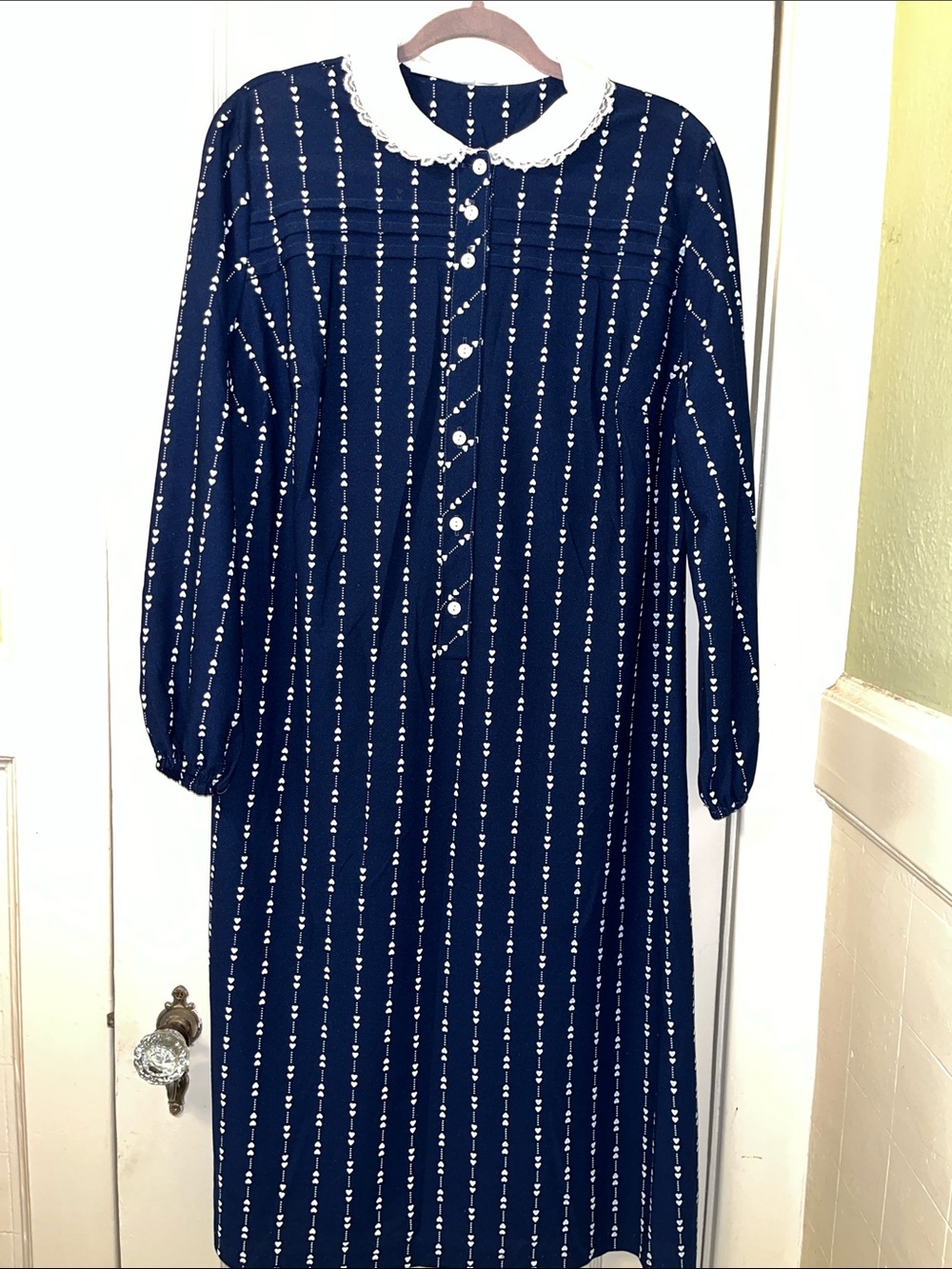 Vintage Navy Blue with Hearts Midi Dress with White Peter Pan Collar